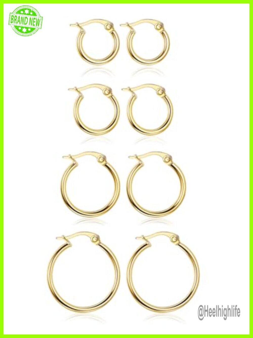 Gold Tone Stainless Steel Hoop Earrings Set Rounded Small Huggie 4 Pairs
